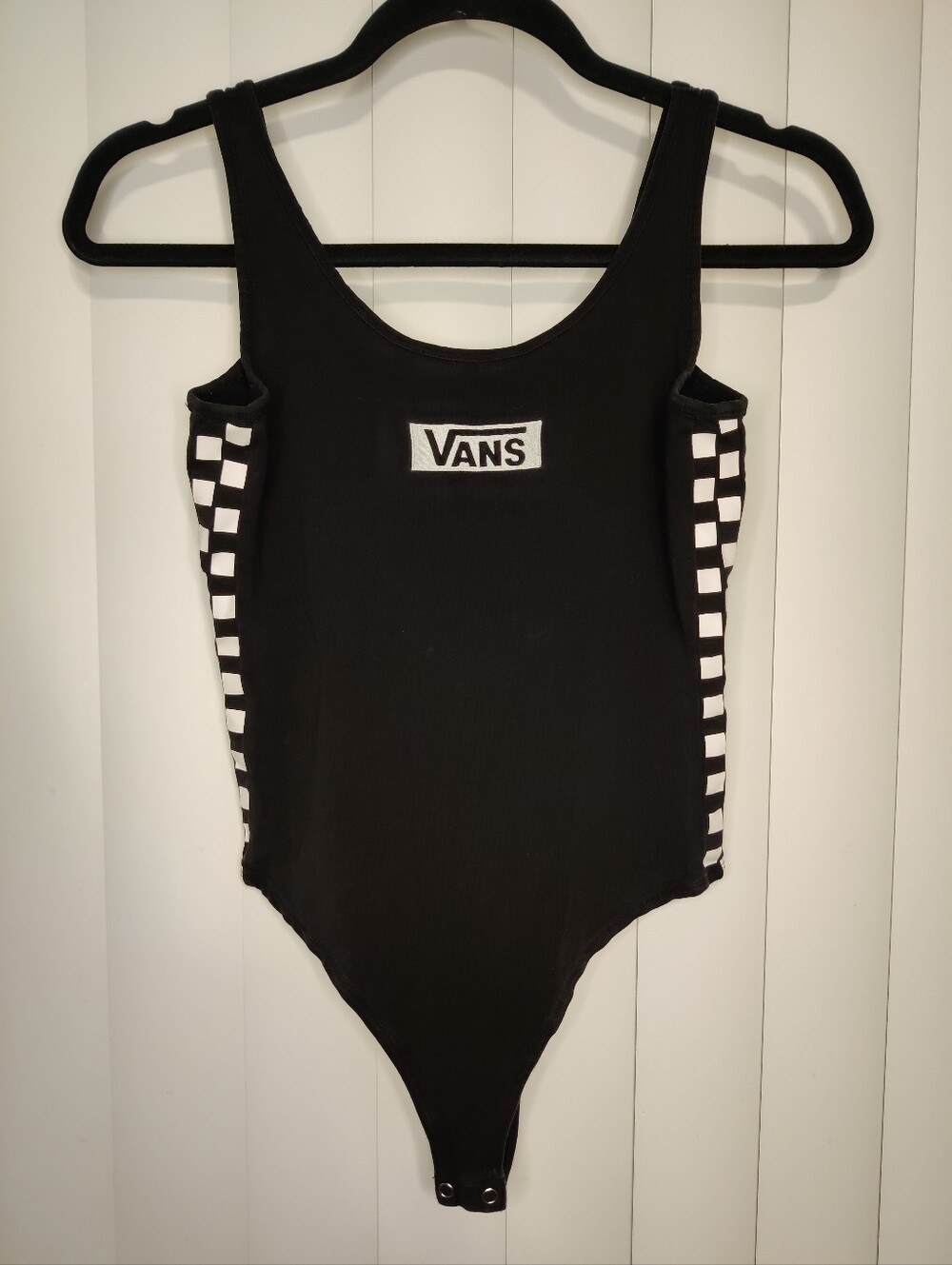 Vans Black Women's Bodysuit with White Logo & Checker Detail